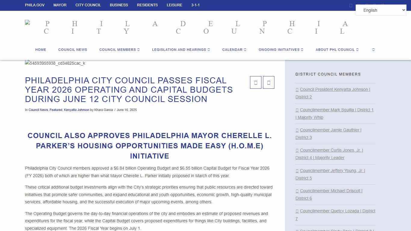 PHILADELPHIA CITY COUNCIL PASSES FISCAL YEAR 2026 OPERATING AND CAPITAL BUDGETS DURING JUNE 12 CITY COUNCIL SESSION - Philadelphia City Council