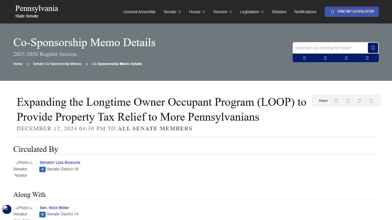 Senate Co-Sponsorship Memo 44281 Information; 2025-2026 Regular Session - PA State Senate